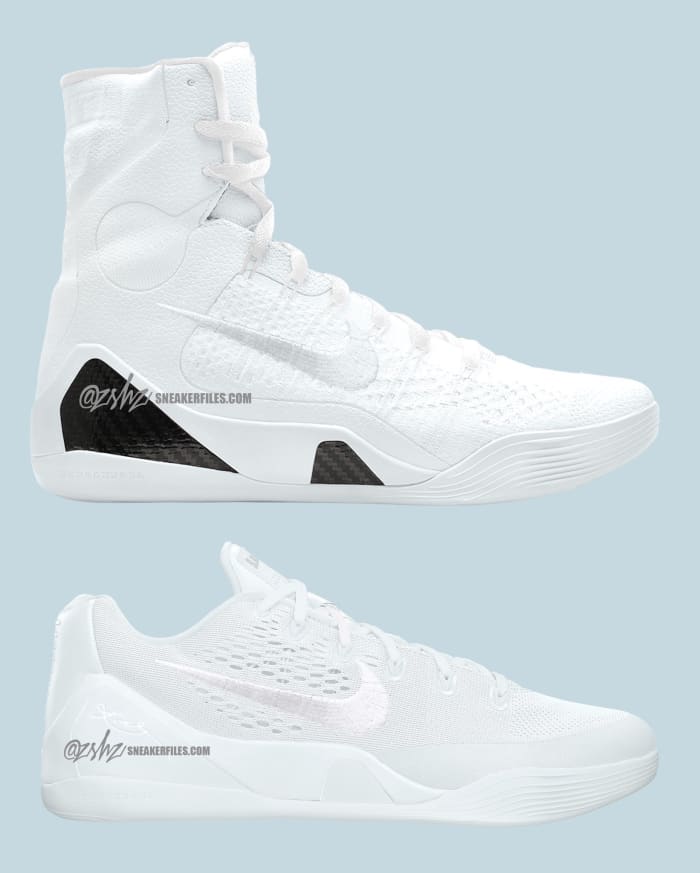 Side view of two pairs of Kobe Bryant's white Nike sneakers.